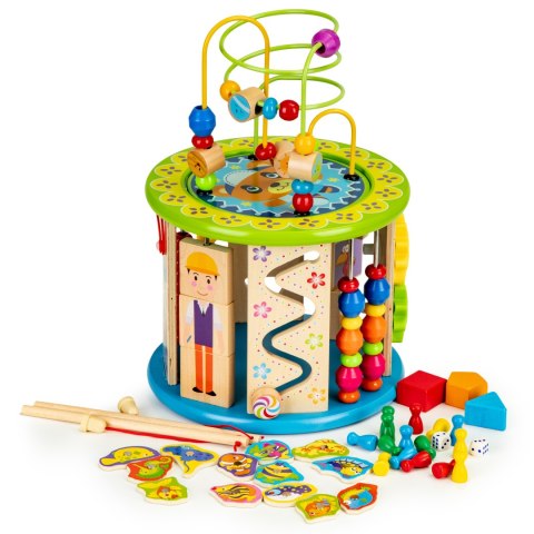 Drewniana Kostka Edukacyjna ECOTOYS Łowienie Ryb, Zegar, Labirynt, Sorter I Gry