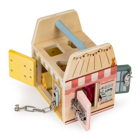 Drewniany Sorter dla Dzieci kostka edukacyjna , cztery zamki, uchwyt Drewniany Sorter dla Dzieci kostka edukacyjna , cztery zamki, uchwyt