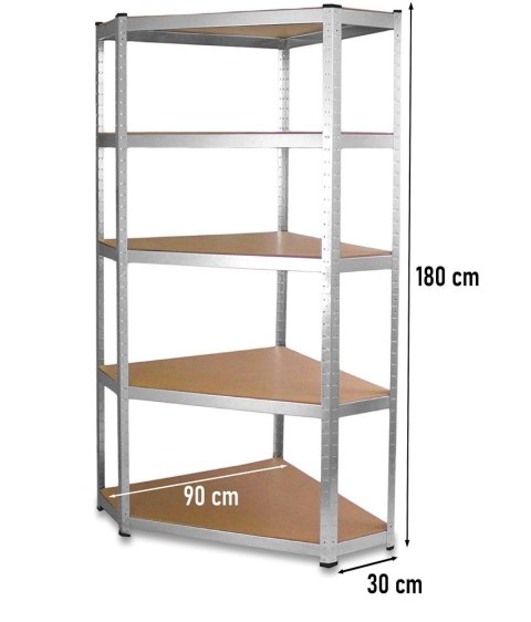 Narożny Regał Magazynowy 180x90x30 cm – Stal Ocynkowana, MDF Narożny Regał Magazynowy 180x90x30 cm – Stal Ocynkowana, MDF