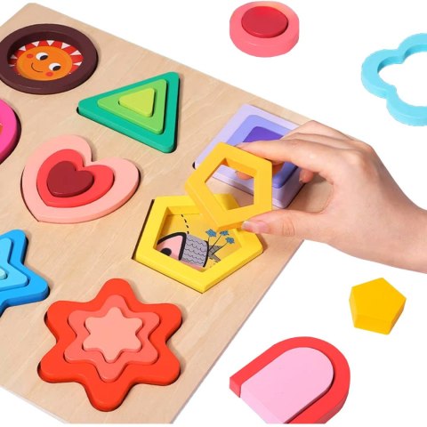 Puzzle Edukacyjne Montessori – Dopasowywanie Figur i Kształtów z Drewna Puzzle Edukacyjne Montessori – Dopasowywanie Figur i Kształtów z Drewna