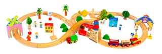 Drewniana Kolejka Z Torami ECOTOYS 74 Elementów Tory, Mosty, Tunel I Autka