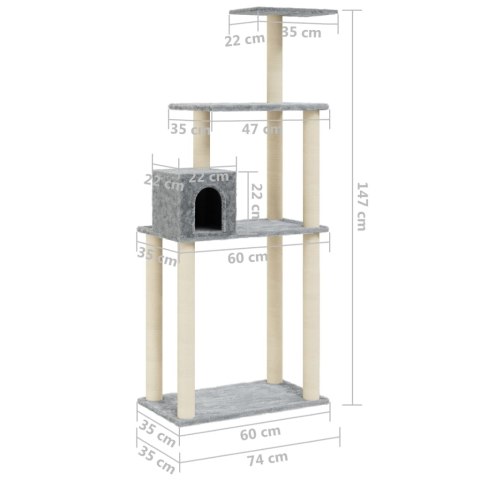 Drapak dla kota – sizalowe słupki, domek, platformy, 147 cm, jasnoszary Drapak dla kota – sizalowe słupki, domek, platformy, 147 cm, jasnoszary