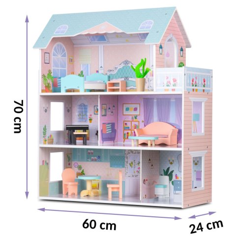 Duży Drewniany Domek dla Lalek Ricokids 70 cm – 3 piętra z mebelkami Duży Drewniany Domek dla Lalek Ricokids 70 cm – 3 piętra z mebelkami