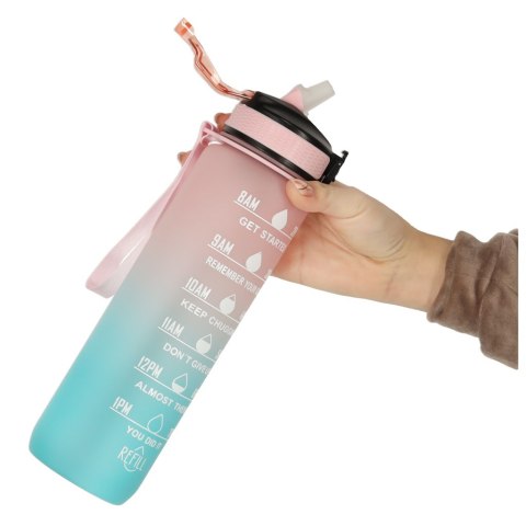 Butelka na wodę bidon ze słomką uchwytem miarką motywacyjną na siłownię BPA free Tritan 1l róż błękit Butelka na wodę bidon ze słomką uchwytem miarką motywacyjną na siłownię BPA free Tritan 1l róż błękit