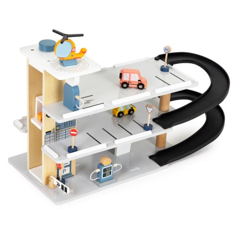Drewniany Garaż Z Windą ECOTOYS – 3 Poziomy, Samochodziki, Helikopter, Myjnia